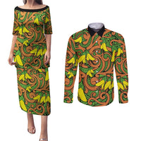 New Zealand Kowhai Flowers Couples Matching Puletasi and Long Sleeve Button Shirt Maori Koru Pattern