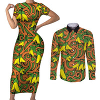 New Zealand Kowhai Flowers Couples Matching Short Sleeve Bodycon Dress and Long Sleeve Button Shirt Maori Koru Pattern
