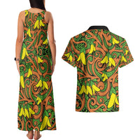 New Zealand Kowhai Flowers Couples Matching Tank Maxi Dress and Hawaiian Shirt Maori Koru Pattern