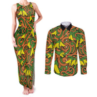 New Zealand Kowhai Flowers Couples Matching Tank Maxi Dress and Long Sleeve Button Shirt Maori Koru Pattern