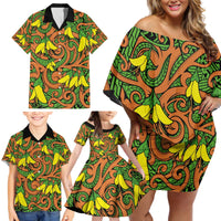 New Zealand Kowhai Flowers Family Matching Off Shoulder Short Dress and Hawaiian Shirt Maori Koru Pattern