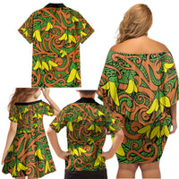 New Zealand Kowhai Flowers Family Matching Off Shoulder Short Dress and Hawaiian Shirt Maori Koru Pattern