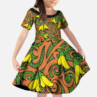 New Zealand Kowhai Flowers Family Matching Short Sleeve Bodycon Dress and Hawaiian Shirt Maori Koru Pattern LT03 Daughter's Dress Orange - Polynesian Pride