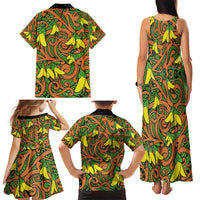 New Zealand Kowhai Flowers Family Matching Tank Maxi Dress and Hawaiian Shirt Maori Koru Pattern