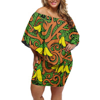 New Zealand Kowhai Flowers Off Shoulder Short Dress Maori Koru Pattern LT03 Women Orange - Polynesian Pride