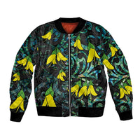 New Zealand Kowhai Flowers Bomber Jacket Maori Koru Pattern With Paua Shell Style