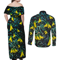 New Zealand Kowhai Flowers Couples Matching Off Shoulder Maxi Dress and Long Sleeve Button Shirt Maori Koru Pattern With Paua Shell Style