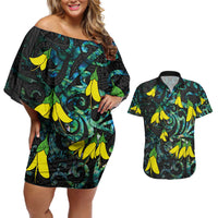 New Zealand Kowhai Flowers Couples Matching Off Shoulder Short Dress and Hawaiian Shirt Maori Koru Pattern With Paua Shell Style