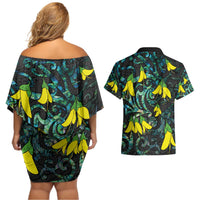 New Zealand Kowhai Flowers Couples Matching Off Shoulder Short Dress and Hawaiian Shirt Maori Koru Pattern With Paua Shell Style