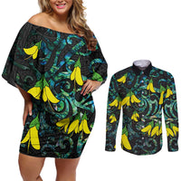 New Zealand Kowhai Flowers Couples Matching Off Shoulder Short Dress and Long Sleeve Button Shirt Maori Koru Pattern With Paua Shell Style