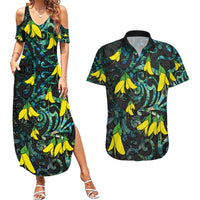 New Zealand Kowhai Flowers Couples Matching Summer Maxi Dress and Hawaiian Shirt Maori Koru Pattern With Paua Shell Style
