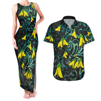 New Zealand Kowhai Flowers Couples Matching Tank Maxi Dress and Hawaiian Shirt Maori Koru Pattern With Paua Shell Style
