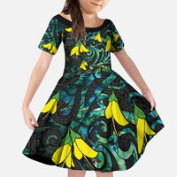 New Zealand Kowhai Flowers Family Matching Mermaid Dress and Hawaiian Shirt Maori Koru Pattern With Paua Shell Style LT03 Daughter's Dress Black - Polynesian Pride