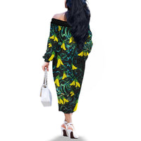 New Zealand Kowhai Flowers Family Matching Off The Shoulder Long Sleeve Dress and Hawaiian Shirt Maori Koru Pattern With Paua Shell Style