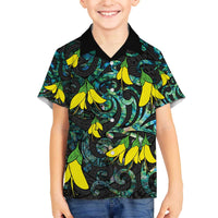 New Zealand Kowhai Flowers Family Matching Puletasi and Hawaiian Shirt Maori Koru Pattern With Paua Shell Style