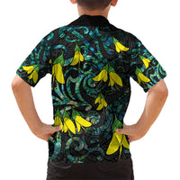 New Zealand Kowhai Flowers Family Matching Short Sleeve Bodycon Dress and Hawaiian Shirt Maori Koru Pattern With Paua Shell Style LT03 - Polynesian Pride