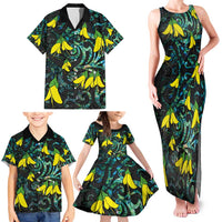 New Zealand Kowhai Flowers Family Matching Tank Maxi Dress and Hawaiian Shirt Maori Koru Pattern With Paua Shell Style