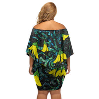 New Zealand Kowhai Flowers Off Shoulder Short Dress Maori Koru Pattern With Paua Shell Style LT03 - Polynesian Pride