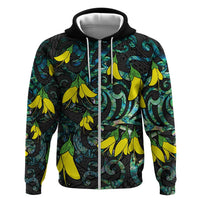 New Zealand Kowhai Flowers Zip Hoodie Maori Koru Pattern With Paua Shell Style LT03 Zip Hoodie Black - Polynesian Pride