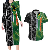 Custom Aotearoa South Africa Rugby Freedom Cup Couples Matching Long Sleeve Bodycon Dress and Hawaiian Shirt Maori Silver Fern Art and Sporty Flag SA - Polynesian Pride
