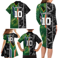 Custom Aotearoa South Africa Rugby Freedom Cup Family Matching Long Sleeve Bodycon Dress and Hawaiian Shirt Maori Silver Fern Art and Sporty Flag SA - Polynesian Pride