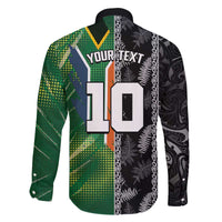 Custom Aotearoa South Africa Rugby Freedom Cup Family Matching Off The Shoulder Long Sleeve Dress and Hawaiian Shirt Maori Silver Fern Art and Sporty Flag SA - Polynesian Pride