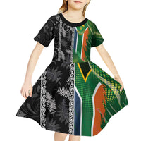 Custom Aotearoa South Africa Rugby Freedom Cup Kid Short Sleeve Dress Maori Silver Fern Art and Sporty Flag SA - Polynesian Pride