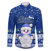Palau Christmas Family Matching Summer Maxi Dress and Hawaiian Shirt Snowman Hugs Palau Coat of Arms Maori Pattern Blue Style LT03 Dad's Shirt - Long Sleeve Blue - Polynesian Pride