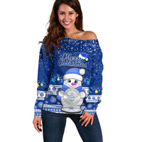 Palau Christmas Off Shoulder Sweater Snowman Hugs Palau Coat of Arms Maori Pattern Blue Style LT03 Women Blue - Polynesian Pride
