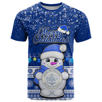 Palau Christmas T Shirt Snowman Hugs Palau Coat of Arms Maori Pattern Blue Style LT03 Blue - Polynesian Pride
