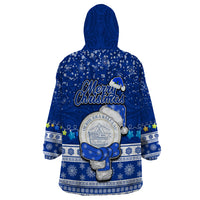 Palau Christmas Wearable Blanket Hoodie Snowman Hugs Palau Coat of Arms Maori Pattern Blue Style LT03 - Polynesian Pride