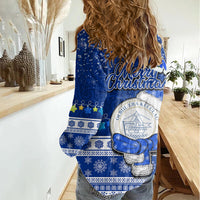 Palau Christmas Women Casual Shirt Snowman Hugs Palau Coat of Arms Maori Pattern Blue Style LT03 - Polynesian Pride