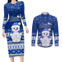Personalised Palau Christmas Couples Matching Long Sleeve Bodycon Dress and Long Sleeve Button Shirt Snowman Hugs Palau Coat of Arms Maori Pattern Blue Style LT03 Blue - Polynesian Pride