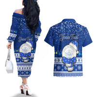 Personalised Palau Christmas Couples Matching Off The Shoulder Long Sleeve Dress and Hawaiian Shirt Snowman Hugs Palau Coat of Arms Maori Pattern Blue Style LT03 - Polynesian Pride