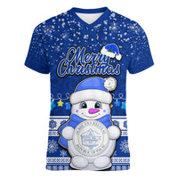 Personalised Palau Christmas Women V Neck T Shirt Snowman Hugs Palau Coat of Arms Maori Pattern Blue Style LT03 Female Blue - Polynesian Pride