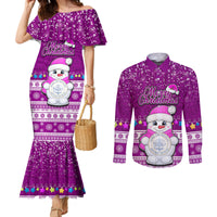 Palau Christmas Couples Matching Mermaid Dress and Long Sleeve Button Shirt Snowman Hugs Palau Coat of Arms Maori Pattern Pink Style LT03 Pink - Polynesian Pride