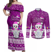 Palau Christmas Couples Matching Off Shoulder Maxi Dress and Long Sleeve Button Shirt Snowman Hugs Palau Coat of Arms Maori Pattern Pink Style LT03 Pink - Polynesian Pride