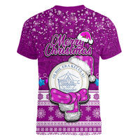 Palau Christmas Women V Neck T Shirt Snowman Hugs Palau Coat of Arms Maori Pattern Pink Style LT03 - Polynesian Pride