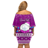 Personalised Palau Christmas Off Shoulder Short Dress Snowman Hugs Palau Coat of Arms Maori Pattern Pink Style LT03 - Polynesian Pride