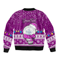 Personalised Palau Christmas Sleeve Zip Bomber Jacket Snowman Hugs Palau Coat of Arms Maori Pattern Pink Style LT03 - Polynesian Pride