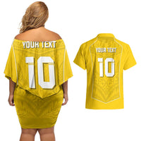 Custom Niue Rugby Couples Matching Off Shoulder Short Dress and Hawaiian Shirt Hiapo Tribal Motifs Sporty Style - Polynesian Pride