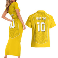 Custom Niue Rugby Couples Matching Short Sleeve Bodycon Dress and Hawaiian Shirt Hiapo Tribal Motifs Sporty Style - Polynesian Pride