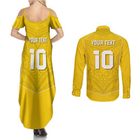 Custom Niue Rugby Couples Matching Summer Maxi Dress and Long Sleeve Button Shirt Hiapo Tribal Motifs Sporty Style - Polynesian Pride