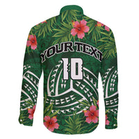 Custom Hawaii Volleyball Family Matching Off Shoulder Short Dress and Hawaiian Shirt Kakau Abstract and Tropical Plants Green Color - Polynesian Pride