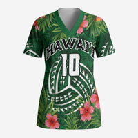 Custom Hawaii Volleyball Scrub Top Kakau Abstract and Tropical Plants Green Color - Polynesian Pride