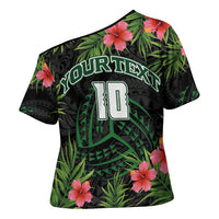 Custom Hawaii Volleyball Cross Shoulder Shirt Kakau Abstract and Tropical Plants Black Color - Polynesian Pride