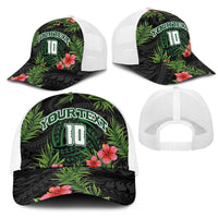 Custom Hawaii Volleyball Mesh Trucker Cap Kakau Abstract and Tropical Plants Black Color - Polynesian Pride