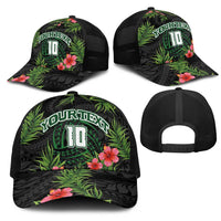 Custom Hawaii Volleyball Mesh Trucker Cap Kakau Abstract and Tropical Plants Black Color - Polynesian Pride