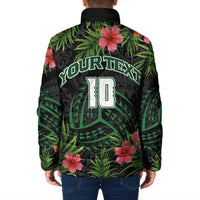 Custom Hawaii Volleyball Padded Jacket Kakau Abstract and Tropical Plants Black Color - Polynesian Pride