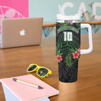 Custom Hawaii Volleyball Tumbler With Handle Kakau Abstract and Tropical Plants Black Color - Polynesian Pride